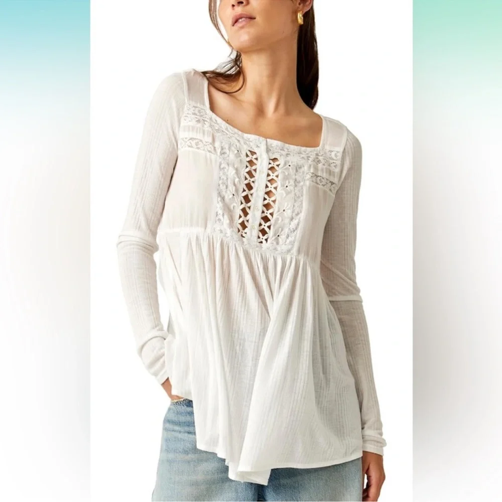 Free People Pretty Please White Lace Henley Tunic